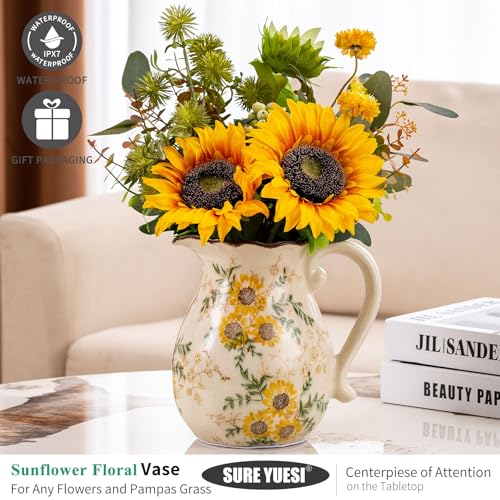 for Mom from Daughter or Son, Sunflower Vintage Ceramic Yellow Floral Pitcher Vase with Handle 7.9”, Rustic Farmhouse Chinoiserie Vase, Grandmillennial Decor for Living Room - color: Yellow Sunflower - 004