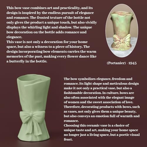 Relexome Green Ceramic Bow Vase 9.64 in Unique Cute Modern Decorative Bouquet Flower Vases for Home Living Room Table Decor Women Girl Gifts - color: Matte Green