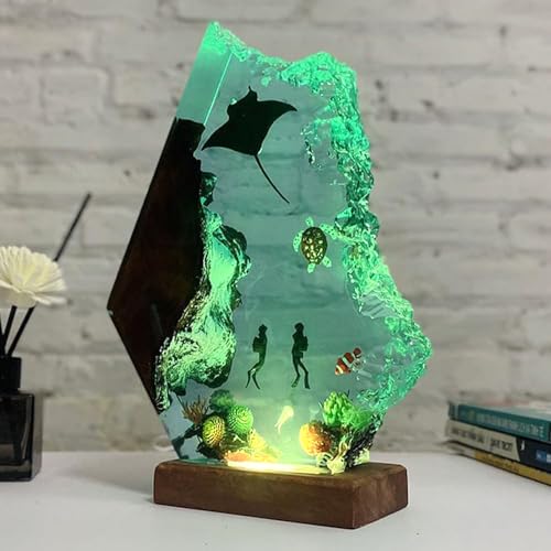 Handmade 3D Ocean Resin Lamp - USB Powered Resin Ocean Night Light with Wooden Base, Variable Lights, Scuba Diver Gifts, Diving Enthusiast Collectibles, Unique Birthday Holiday Gifts for Men & Women - color: Scuba Diver-1, size: M
