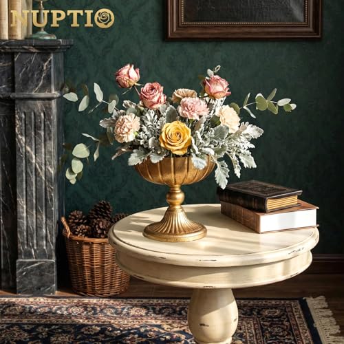NUPTIO Gold Compote Vase for Centerpiece: 7.95" Tall Pedestal Footed Bowl for Flowers - Distressed Brass Urn for Wedding Table Decorative Set of 8 - size: 8.15"H - 8pcs