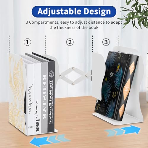 Dragon Bookends, Adjustable Bookends, Unique Book Holders for Shelves, Metal Book Ends for Heavy Books, Non-Skid Book Stander for Desk, Shelf, Office, Stationery Gift (White 2) - color: White 2
