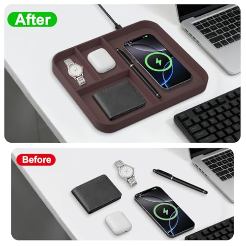 VOVIPO Faux Leather Valet Tray,with 2 in 1 Wireless Charging Compitable With iPhone/17/16/15/15 Plus/15 Pro/15 Pro Max/14/13/12/Wireless earphones,Office/Home Desk Organizers Tray-Brown - color: Brown