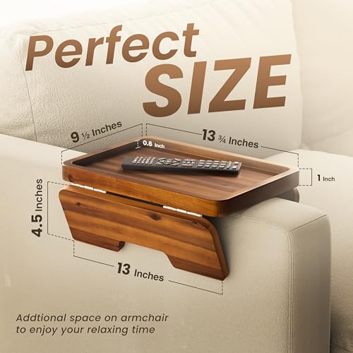 HOLANA Acacia Wood Sofa Armrest Tray - 13.75 x 9.5in Double Hinge Sofa Arm Tray Table Clip - Couch Arm Table - Wooden Side Tables for Eating and Drink (Acacia, 13.75" D x 9.5" W x 2" H) - color: Acacia, size: 13.8" x 9.5" x 2"