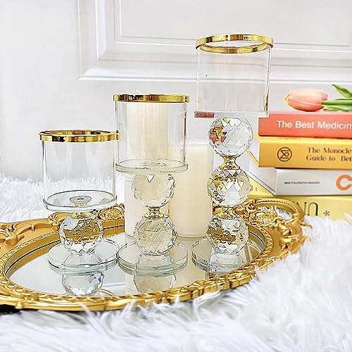 Glass Candle Holders Set of 3,Gold Pillar Candlestick,Crystal Candle Holder for Table Centerpiece Wedding Home Decor
