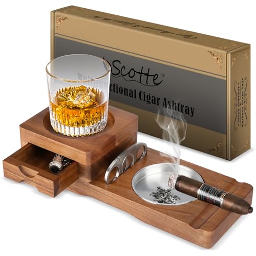 Scotte Ashtray Coaster Whiskey Glass Tray & Wooden Ash Tray with Cigar Cutter,Include Drawer and Cigar Slot Home Office Outdoor Great Cigar Accessories for Men - color: Brown