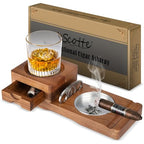 Scotte Ashtray Coaster Whiskey Glass Tray & Wooden Ash Tray with Cigar Cutter,Include Drawer and Cigar Slot Home Office Outdoor Great Cigar Accessories for Men - color: Brown