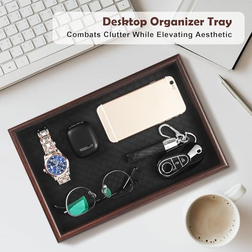 Zosenley Wooden Valet Tray with Leather Base - Nightstand Catchall Organizer for Cologne, Perfume, Keys, Wallet, Phone, Watch, Jewelry & Sunglasses (2Pcs Black) - color: 2Pcs Black