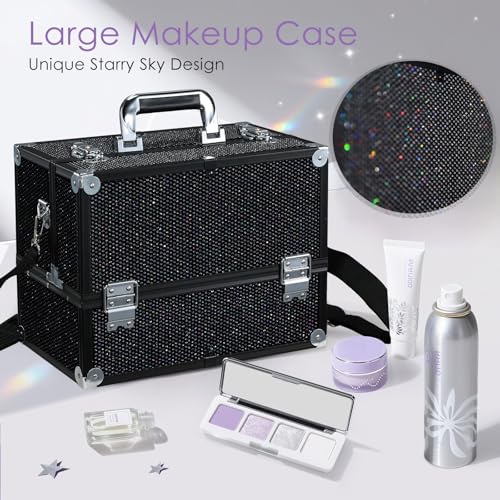 Joligrace Makeup Train Case Large 6 Tray Professional Organizer Box - Cosmetic Make Up Carrier with Lock & Key Carrying Strap for Studio Artist & Stylist Black Rhinestone - color: Black Grid