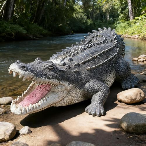 Teaeeno Garden Alligator Outdoor Decor,Crocodile Sculpture for Stuff Pond Decor,Florida Alligator Sculpture for Yard Art,Realistic Wild Animal,Reptile Figure,Florida Alligator,Perfect for Man - color: Black