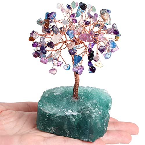 QINJIEJIE Fluorite Crystal Tree Healing Crystals Gemstone Tree Natural Stone Base Copper Wire Life Tree Money Tree Energy Desk Decor Spiritual Gifts Meditation - color: Fluorite, size: 5.2 in