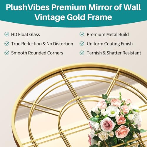 Arched Gold Wall Mirror - 24"x36" Arch Window Pane Mirror for Wall Decor, Gold Metal Framed Decorative Mirrors for Entryway, Living Room, Dining Room, Bedroom, Fireplace - color: Gold 02- Window Pane