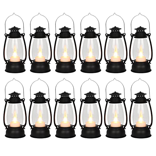 12Pcs Mini Lantern for Cowboy Halloween Christmas Wedding, Black 6" Candle Lantern with Flickering LED for Camping Western Party Decorations, Table Centerpiece, Hanging Lamp Ornaments Bulk - color: Black-12pcs