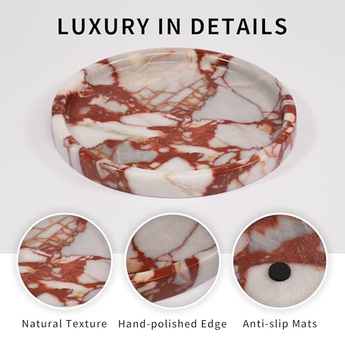 Marble Perfume Jewelry Tray - Stone Trinket Ring Key Purse Holder Dish, Round Plate Decorative Bowl for Nightstand Entryway Coffee Table Decor (7.9 inch) - color: Round-Red