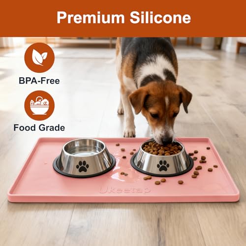ukeetap Extra Thick Silicone Mat Waterproof with Raised Edge 19” x 12”, BPA Free Non-Slip Dog & Cat Food Mat, Feeding Mat for Food and Water Bowls, Spill Proof Mat to Protect Floors, Pink - color: Pink, size: 19" x 12"
