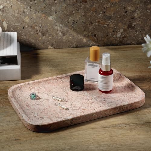 Koville Marble Tray, 12"x8" Natural Marble Vanity Tray for Countertop Bathroom Kitchen Dresser, Decorative Catchall Trays for Perfume Jewelry, Rectangular Stone Serving Tray(Pink) - color: Pink