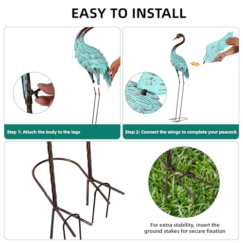 Extra-Large 47.5" Blue Heron Decor, Handcrafted Metal Crane Statue with Stable U-Ground Stakes, Backyard Decoration, Metal Garden Bird Animal Yard Art, Lawn Ornament Decor - color: 47.5" -Distressed Patina Green