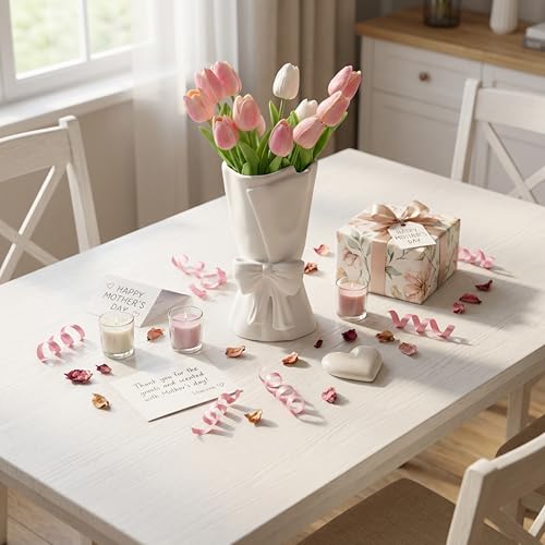Relexome White Ceramic Bow Vase Unique Cute Decorative Bouquet Flower Vases 9.64 in Mother's Day Spring Decor Vase - color: Matte White