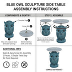 Luxurious Owl Side Table - 20" Premium Faux Marble Top Accent Table with Hand-Detailed Resin Owl Statue Base - High-End Round End Table for Study, Library, Nightstand - Tool-Free - color: Blue Owl