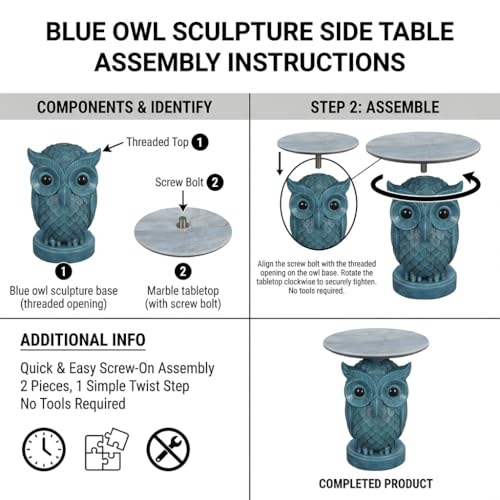 Luxurious Owl Side Table - 20" Premium Faux Marble Top Accent Table with Hand-Detailed Resin Owl Statue Base - High-End Round End Table for Study, Library, Nightstand - Tool-Free - color: Blue Owl