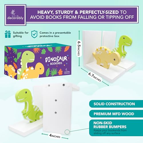 Decorably Stego and Trex Dinosaur Book Ends for Kids Books - 1 Set Non-Skid Wooden Decorative for Boys Room, Baby's Nursery, Classroom Decor - style: Stego & Trex