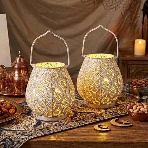 TRIROCKS Set of 2 Moroccan Decorative Lamps 8'' High Battery Powered Cordless Lamp Metal Table Lamps with Fairy Lights Bulb for Home Living Room Garden Yard Party Events Tabletop Indoor Outdoor(White) - color: White