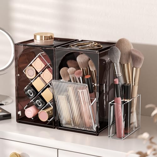 INVSSENE Stackable Makeup Organizer Countertop, Storage Perfume Skincare Cosmetic Lipstick Face Mask Makeup Brush Palettes, Ideal for Vanity Bathroom Counter - color: 3513 Coffee+Clear
