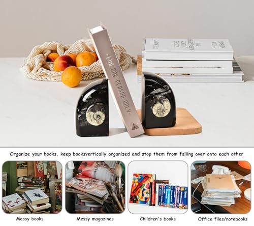 AMOYSTONE Heavy Duty Sturdy Bookends for Shelves, Morocco Orthoceras Fossil Heavy Bookends Stopper 6-8 LBS for Home Office Books with Rubber Bumpers (1 Pair Height 6.2") - color: Black & White D, size: 6-8 Lbs