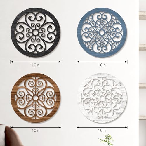 Zzbakress 4 Pieces Farmhouse Wall Decor Rustic Circle Wall Decor Wooden Hollow Carved Round Wall Art for Living Room Bedroom Kitchen Bathroom Home Wall Decoration (Delicate, Colorful) - color: Delicate, Colorful