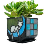 Tiffany Stained Glass Funny Moon Sleeping Cat Planter,Flower Pots for Indoor Plants,Plant Pot with Drainage,Cute Grey Cat Plant Pots,Gifts for Plant Lovers,4.6x3x5.15 in - color: Grey-blue