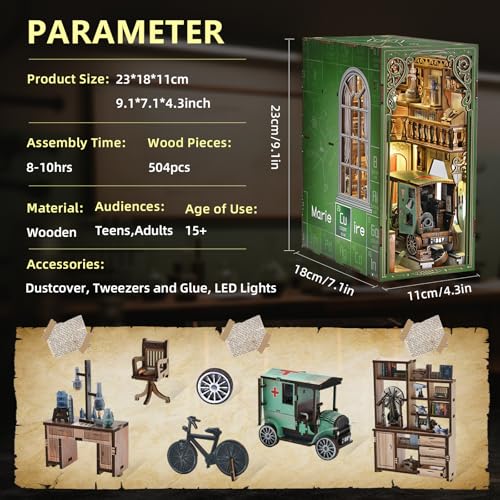 MiniCity Book Nook Kit, DIY Miniature Dollhouse Kit 3D Puzzles for Adults Tiny House Mini Home Craft Bookshelf Nook Puzzle Book Decor Gifts for Teenagers Book Lovers (The Radium Lady) - style: The Radium Lady