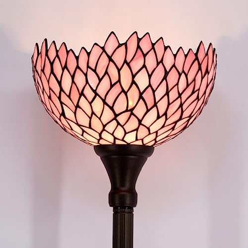 WERFACTORY Tiffany Floor Lamp Pink Stained Glass Wisteria Light 12X12X71 Inches Pole Torchiere Standing Corner Torch Uplight Decor Bedroom Living Room Home Office S523P Series