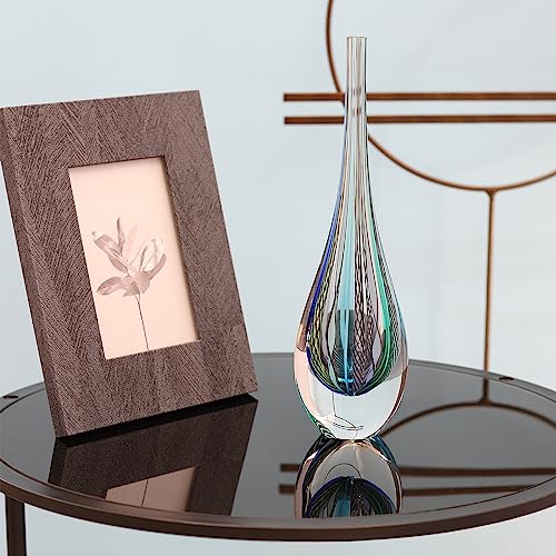 Ca D Oro Small Drop Glass Vase Boho with Blue/Green Canes Hand Blown Murano-Style Art Glass - Model Tall - color: Blue