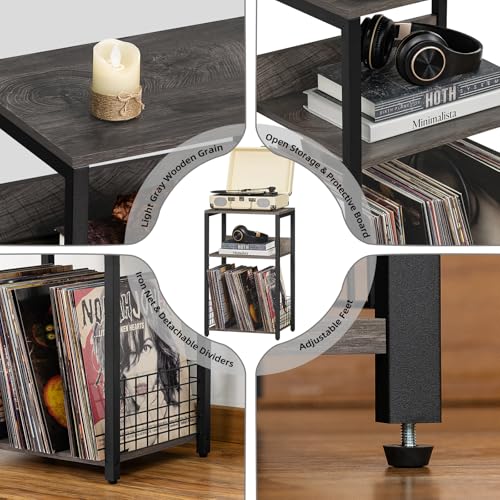 LELELINKY 3 Tier End Table,Record Player Stand with Storage Up to 100 Albums,Turntable Stand for Vinyl, Light Gray Records Shelf for Living Room Bedroom - color: Light Grey, size: Medium