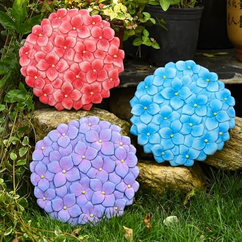 Cinnvoice 3 Pack Garden Stepping Stone Outdoor, Decorative Dimensional Resin Stepping Stones for Patio Pathway Landscaping Walkway Sculpture Yard Backyard Lawn(Hydrangea,10 Inches) - size: 10 Inches, style: Hydrangea