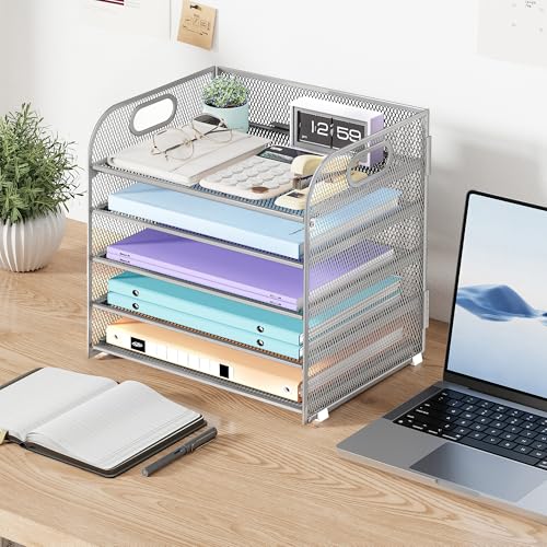 Cawukege 5 Tier Paper Organizer with Handle, Silver Metal Mesh Desk Organizer File Folder Paper Letter Tray Desktop Document Sorter for Classroom, School, Office Accessories Organization and Storage - color: Silver