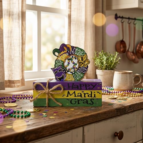 Smile Mardi Gras Wooden Decor, Wreath Mask & Fleur - de - Lis Books, Mardi Gras Indoor Decoration - style: Mask