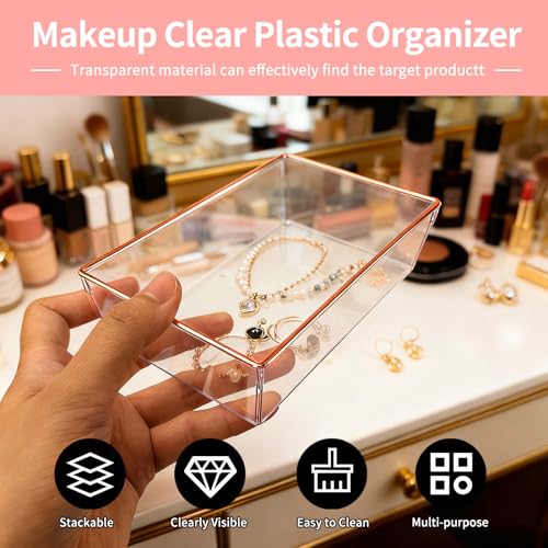 12 Pack Large Size Clear Stackable Drawer Organizer Trays, Rose Gold Rim Makeup Drawer Storage Tray Divider, Desk Storage for Makeup, Jewelry, Bathroom, Stationary, Kitchen Utensils and Office Desk - color: Rose Gold, size: 12 PACK