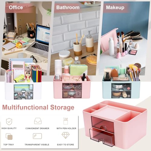 Meiikun Plastic Pen Organizer, Multifunctional Desk Organizer with 2 Drawers, 4 Compartments & a Top Tray, Pencil Holder Desktop Organizers and Accessories for Office, 7.7" x 5.5" x 3.9" (Pink) - color: 5 Compartments + 2 Drawer (Pink)