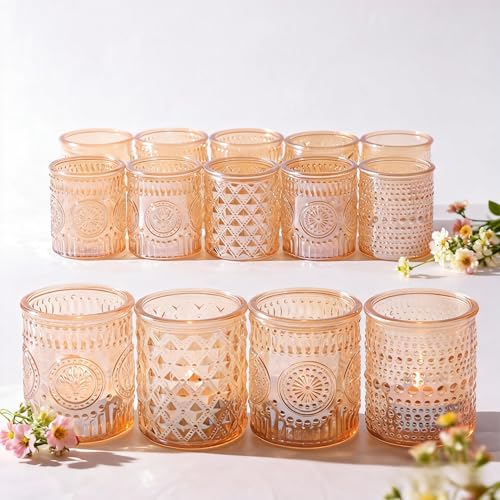 Set of 16 Gold Tealight Candle Holders, 2.56”H Votive Candle Holders with 4 Unique Patterns (Sunflower, Polka Dot, Diamond) for Valentine's Day & Spring Summer Wedding Table Decor Centerpieces - color: Gold