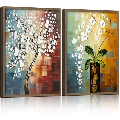 2 Piece Framed Canvas Art Prints Morning Glory Modern Abstract White Flowers Oil Painting Style Wall Floral Gallery Poster for Living Room Bedroom Office Decor Ready to Hang 24 x 16 Inch - color: Abstract White Floral Oil Painting, size: 24"x16"