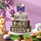 Yuntau 4 Pcs Easter Decorations He Is Risen Wooden Sign Christian Table Centerpiece Religious Cross Tiered Tray Decor Decorative Faux Book Stack Block for Table Fireplace Mantel Floating Shelf - style: Easter