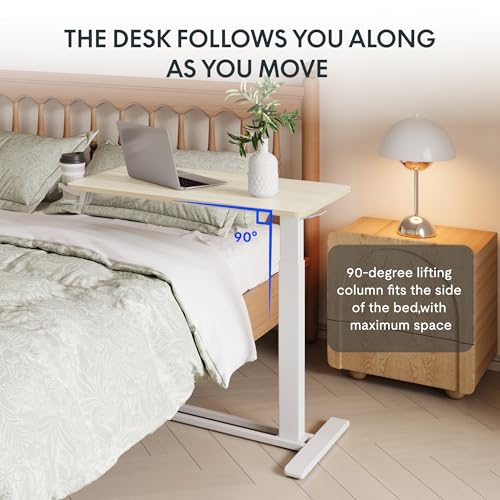 FLEXISPOT H7 Adjustable Overbed Bedside Table with Wheels Pneumatic Mobile Standing Desk Laptop Desk Rolling Computer Cart Movable Overbed Tables Hospital Home Use(27.6" W x 15.7" D, White Wood Grain) - color: White Wood Grain, size: Small