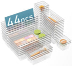 DCA 44 PCS Clear Drawer Organizers Set, 4 Size Versatile Bathroom and Vanity Organizer Trays, Cosmetic Display Cases for Makeup, Jewelries, Bedroom, Kitchen Utensils and Office - size: 44PC