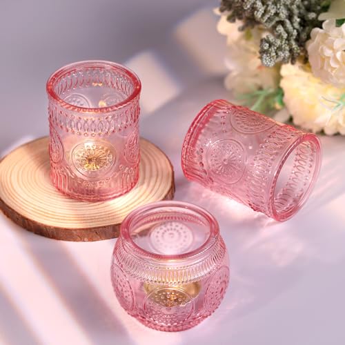 DARJEN 24Pcs Pink Votive Candle Holders- Glass Candle Holders Bulk for Flameless LED Tea Waxes, Romantic Candle Holder for Wedding Decor, Various Parties & Dinner Table - color: Pink
