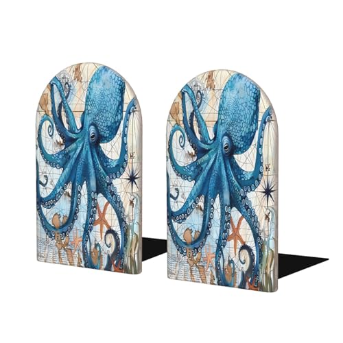 Decorative Bookends 2 Pcs Vintage Blue Sea Octopus World Map Wood Bookends for Shelves Heavy Books Kids Non-Skid Book Ends Stoppers for Office Desk Kitchen School - color: Vintage Blue Sea Octopus World Map