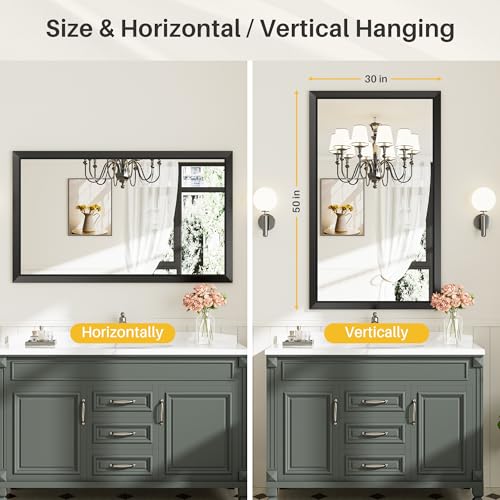 Briivue 50x30 Inch Black Bathroom Mirror for Wall, Thick Metal Framed Rectangle Mirrors for Over Sink, Bedroom, Living Room, Entryway, Anti-Rust, HD Tempered Glass - color: Black, size: 50"L x 30"W