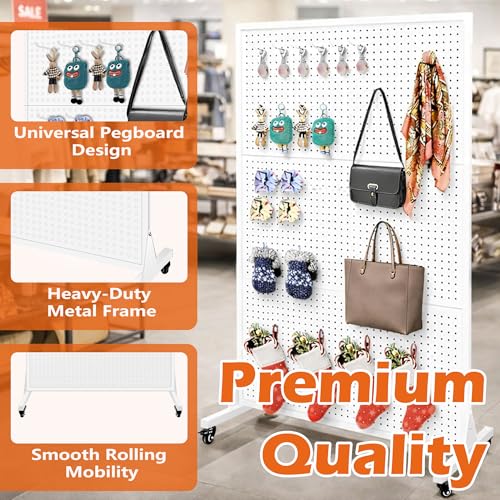 Royxen 3.5 x 6 Feet Metal Pegboard with 50 Hooks, Peg Board Display Stand with Wheels, Large Standing Pegboard Displaywith T-Base Art Display Stand for Retail Stores Exhibitions Homes (White) - color: White