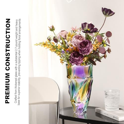 9 Inch Height Glass Flower Vase, Elegant Purple Spiral Twist Design, Heavy Base, Modern Art Decor with Diagonal Pattern for Home Centerpiece