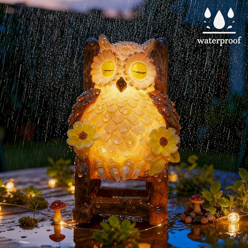 LIULO TOOL Garden Gift for Mom Grandma, LED Solar Owl on Chair Patio Sculpture, Cute Outdoor Fairy Garden Housewarming Decor Figurine 6x4.5x3.3 in - color: Owl