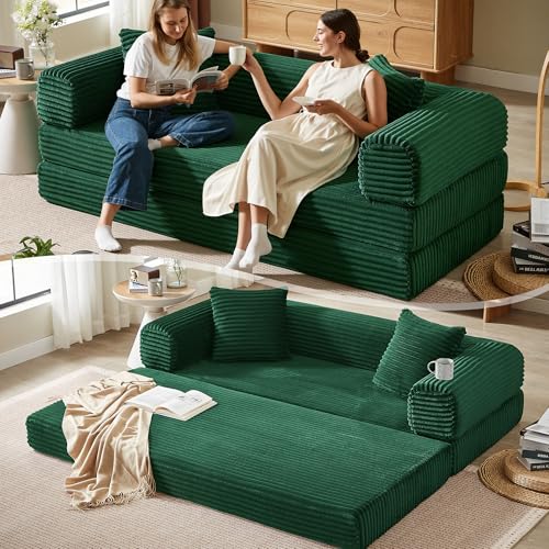 Boneless Couch Versatile Couches for Living Room No-Install Sofa Bed Corduroy Futon Soft Cloud Couch with Pillows for Bedroom Game Movie (Green, 76") - color: Green